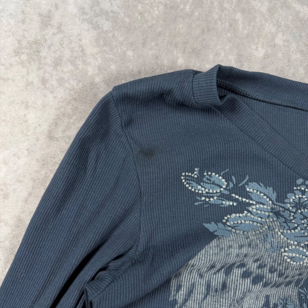 Vintage Y2K Ribbed Graphic V-Neck Crop Top Rhinestone Wing Floral Blue Large - Picture 5 of 7